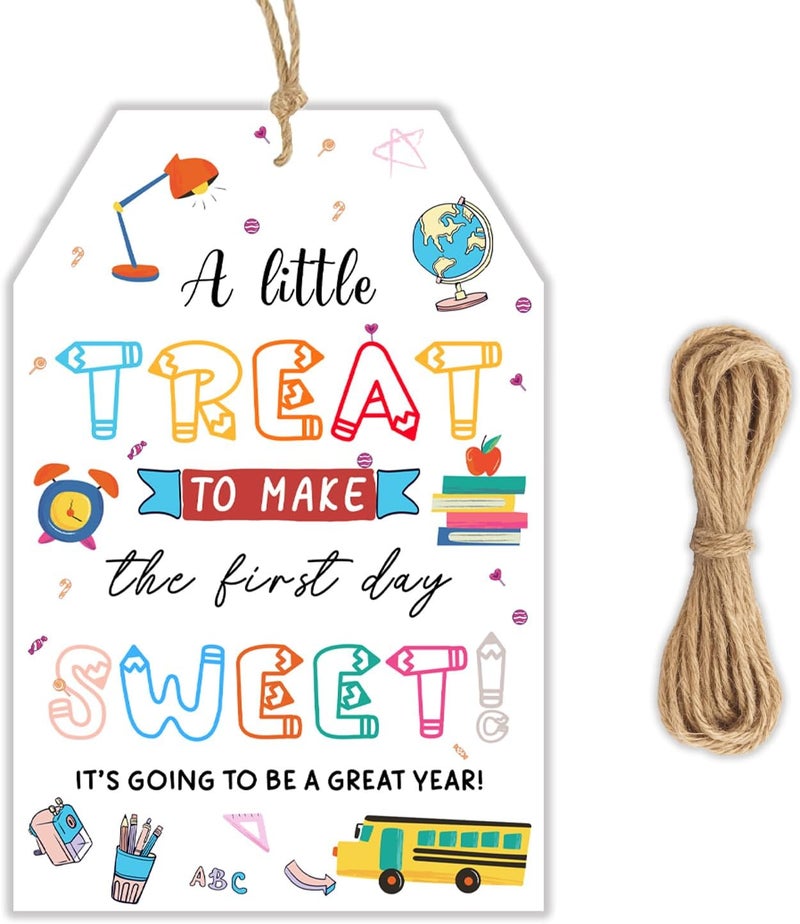 llyinglpdec 50pcs Back to School Treat Tags – First Day of School Gift Tags with String for Teachers, Students, Classrooms – Colorful Welcome Favor Labels 2.2x3.3in - Image 1